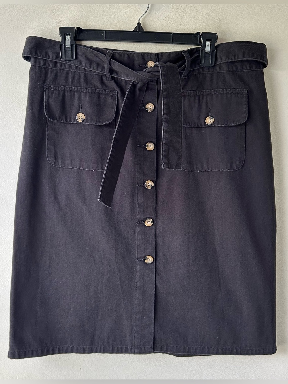 Vintage Basic Editions Modest Midi Straight Skirt Button Front Tie Belt Black 14